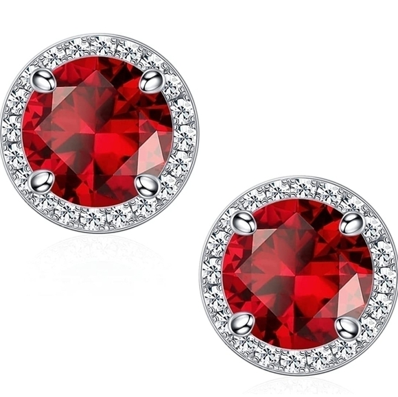 January 18k White Gold Red Garnet Birthstone Diamond Halo Stud Earrings S925 Gem - Picture 1 of 5